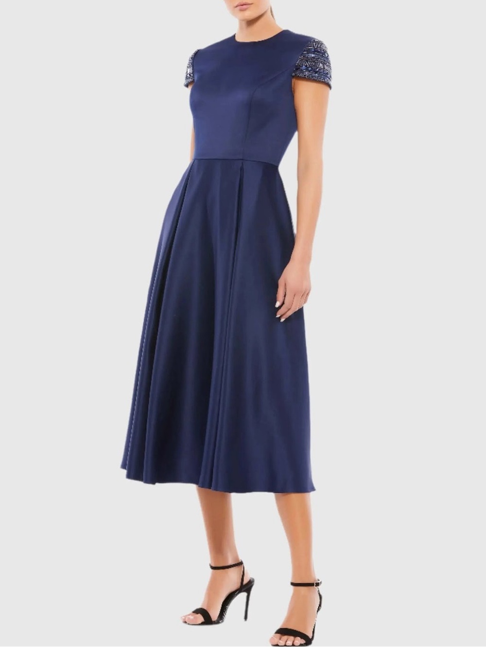 Ieena for Mac Duggal Navy High Neck Cap Sleeve Tea Length Dress 55699 Size 8 NWT